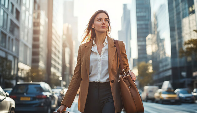 confident businesswoman walks through bustling city street, exuding determination and focus amidst urban landscape.