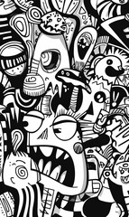 Black and white doodle of cartoon characters.