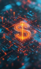 Glowing dollar sign on circuit board.