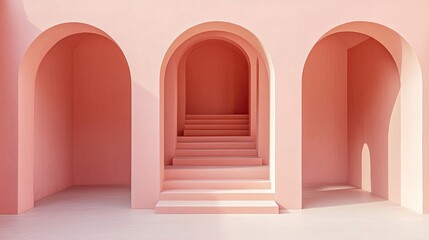 Soft Pink Arched Interior with Stairs and Shadows