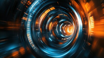 Abstract Orange and Blue Swirling Tunnel of Light, Futuristic Background, Digital Art