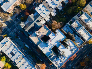 Aerial top down Prospect Heights Brooklyn roofs and roads city during fall in New York City NY