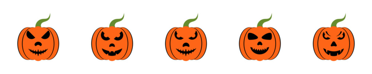 Set of scary Halloween pumpkin face vector icons. Halloween ghost. Pumpkin skull. Vector 10 Eps.