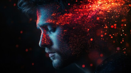Front view head shot of man with pixels coming out of his face. Dark background. Generative AI vertical shot