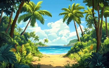Fototapeta premium Tropical Paradise Palm Trees Framing a Tranquil Beach Scene.