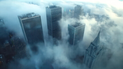 Foggy cityscape featuring towering skyscrapers partially obscured by thick, dense fog