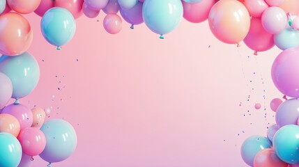 Pastel Balloons with Confetti on Pink Background, Party Decoration, Birthday, Celebration, Festive, Joyful, Happy