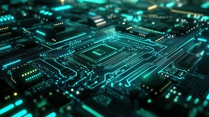 Abstract Futuristic Circuit Board with Glowing Green Lines and a Central Processor.