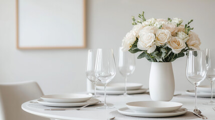 A beautifully set dining table featuring elegant tableware, sparkling glasses, and a fresh bouquet of white roses in a minimalist decor.