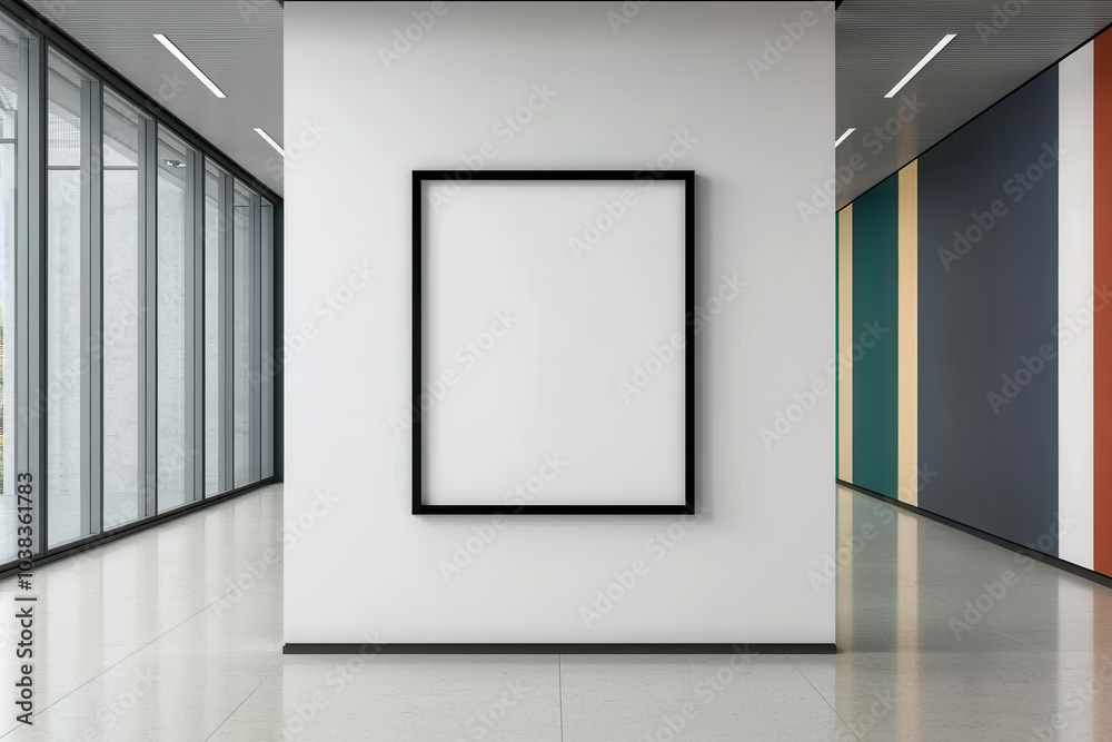 Poster a minimalistic interior featuring a blank frame on a wall, surrounded by large windows and vibrant c