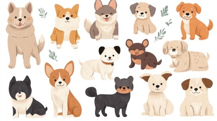 A collection of 14 adorable cartoon dogs in various poses and breeds, featuring playful expressions and charming details. They are perfect for a variety of design projects.