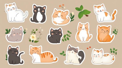 Adorable cartoon cats with different colors, sitting, lying and playing with leaves and flowers.