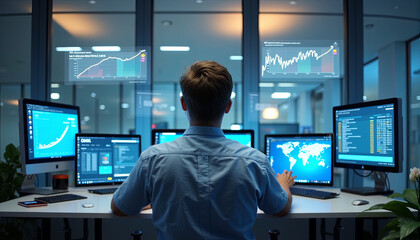 Obraz premium A data analyst works at a desk with multiple screens displaying financial and global data. Real-time graphs and charts help drive strategic decisions in a modern office setting