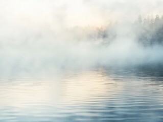 Fototapeta premium A serene lake shrouded in mist, the water reflecting the sky in a soft, ethereal glow.