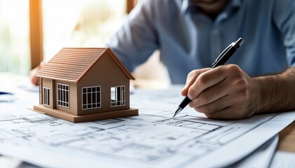 Fototapeta premium A male architect meticulously sketches a home design with a model house on his desk.