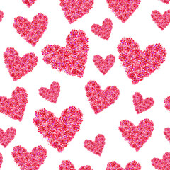 Hand drawn watercolor seamless pattern with red hearts of brush strokes on white background.