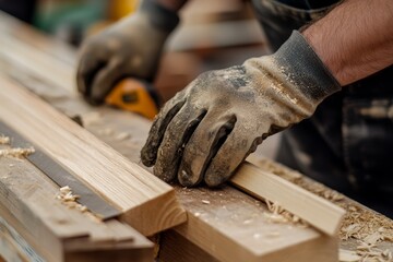 Close-up of a male carpenter's hands measuring wood with gloves in a workshop setting.