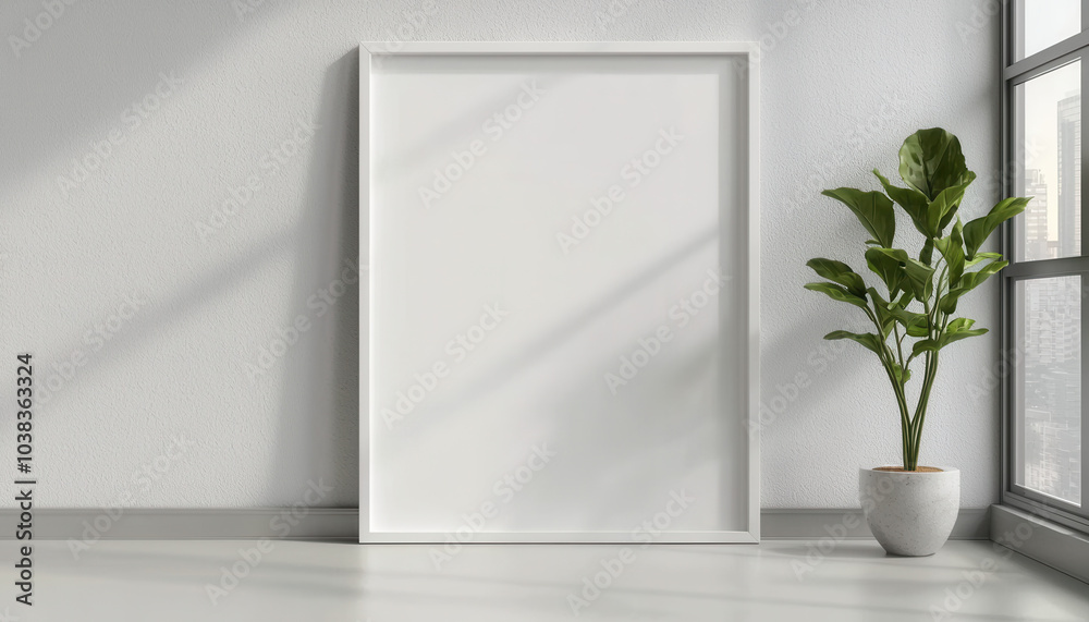 Poster a minimalist interior scene featuring an empty white frame and a potted plant, illuminated by natura