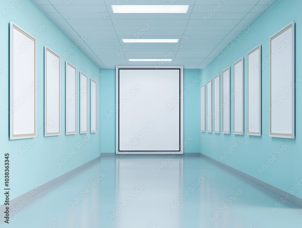 Poster a minimalist gallery with light blue walls and multiple blank frames, inviting creativity and showca