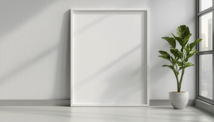 A minimalist interior scene featuring an empty white frame and a potted plant, illuminated by natural light from a window.