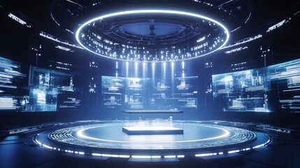 Futuristic Sci-Fi Hologram Display Platform with Neon Lights and Code Background.