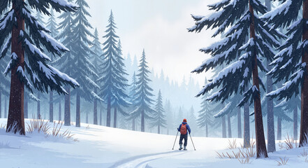 Winter sports scene with a person trekking through a snowy forest landscape
