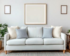 A stylish, minimalist living room featuring a cozy sofa with decorative pillows, a plain wall, and empty frames for artwork.