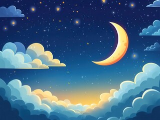 Fototapeta premium Night Sky with Crescent Moon and Stars Illustration.