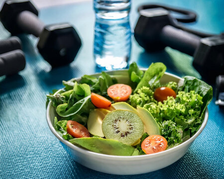 equipo deportivo entrenamiento fondo de gimnasio con ensalada, alimentacion saludable y estilo de vida fitness, bajar de peso con entrenamiento de fuerza con pesas mancuernas en casa