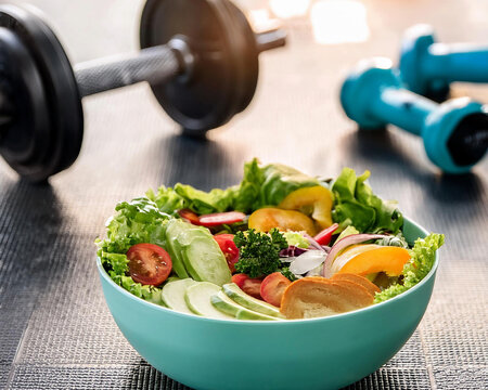 equipo deportivo entrenamiento fondo de gimnasio con ensalada, alimentacion saludable y estilo de vida fitness, bajar de peso con entrenamiento fisico