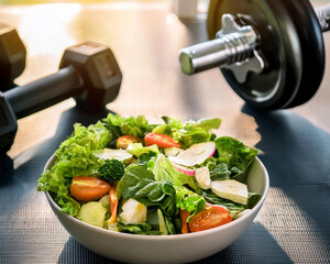 equipo deportivo entrenamiento fondo de gimnasio con ensalada, alimentacion saludable y estilo de vida fitness, bajar de peso con entrenamiento