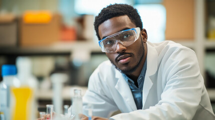 Technician in a lab coat and safety goggles conducting experiments in a modern laboratory during daylight hours
