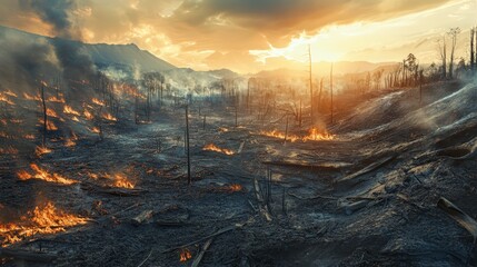 Charred Landscape with Remnants of Flames Reflecting the Setting Sun After a Wildfire, a Stark Reminder of Nature's Devastating Power