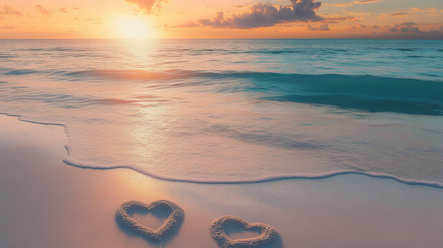 Two intertwined hearts on soft white sand at the water's edge with sunset