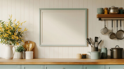 A cozy kitchen scene featuring a blank frame, wooden countertop, utensils, and a bouquet of flowers, creating a warm and inviting ambiance.