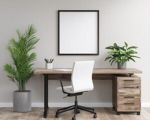 A minimalistic workspace featuring a wooden desk, white chair, plants, and a blank picture frame on a light wall, creating a serene and organized environment.