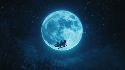 Fototapeta premium Simple Santa sleigh flying across a full moon in a dark blue sky.