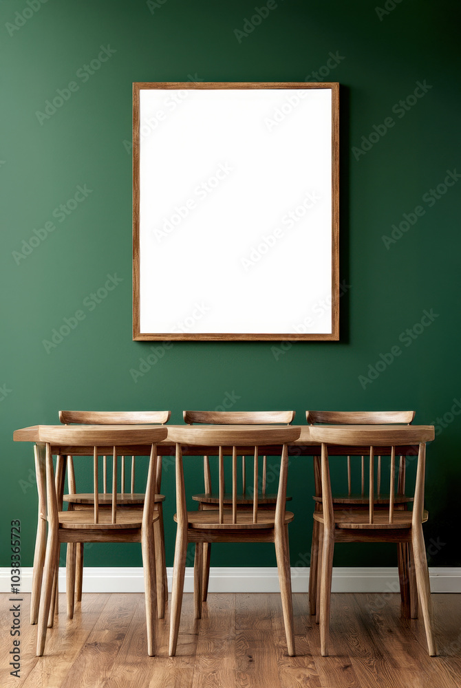 Aufkleber a minimalist dining area featuring a wooden table and chairs against a deep green wall, with an empt