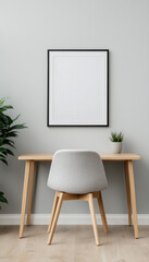 A serene workspace featuring a minimalistic desk, a cozy chair, a blank framed picture, and a small plant against a subtle wall color.