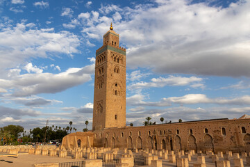 Fototapeta premium The Koutoubia Mosque Minaret in Marrakech, Morocco, is the largest and most iconic mosque in the city, known for its stunning architecture.
