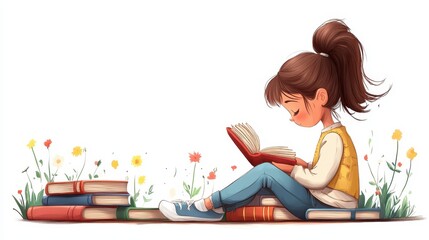 Little cute school girl enjoys reading books, sitting and studying. Acquiring knowledge and education is part of growing up and developing children.