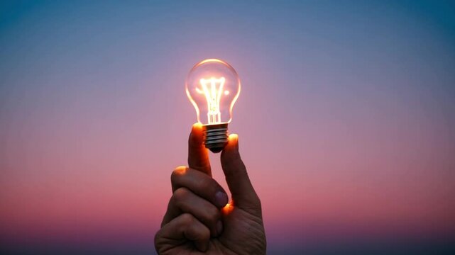 A hand holding an unlit light bulb against a blue-to-pink sky. The composition is simple yet striking, emphasizing the contrast between the human element and the sky.