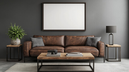 A modern living room featuring a brown leather sofa, wooden coffee table, decorative lamp, and potted plant, set against a dark wall with an empty frame.