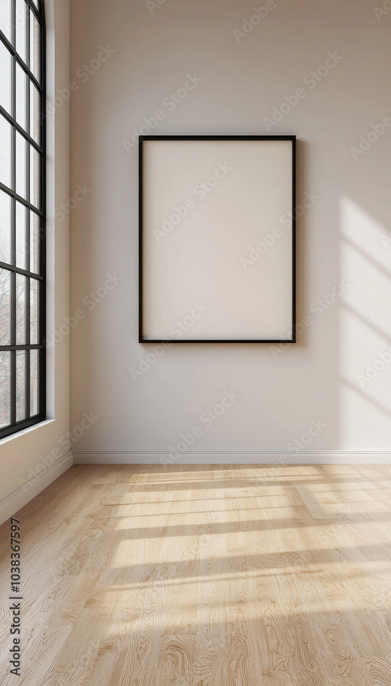 Poster A minimalist room features an empty frame on a wall, with sunlight streaming through large windows onto a plush carpet floor.