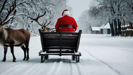 Reindeer dash through the clouds, leading Santa on high