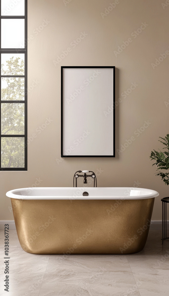 Poster a stylish, modern bathtub in a serene setting with a minimalist frame and wall, featuring a large wi