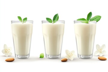 Three glasses of almond milk with mint garnishes, white isolated background.