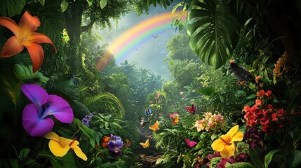 Naklejka premium Vibrant Tropical Jungle with Rainbow and Colorful Flowers