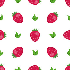 Berry pattern with strawberries and green leaves, seamless texture