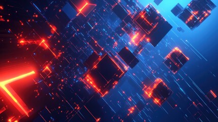 Obraz premium Abstract Digital Background with Red and Blue Neon Glowing Lines and Squares 3D Rendering.